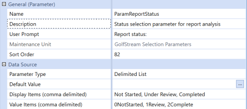 Delimited List parameter definition to enable report status filtering. ""